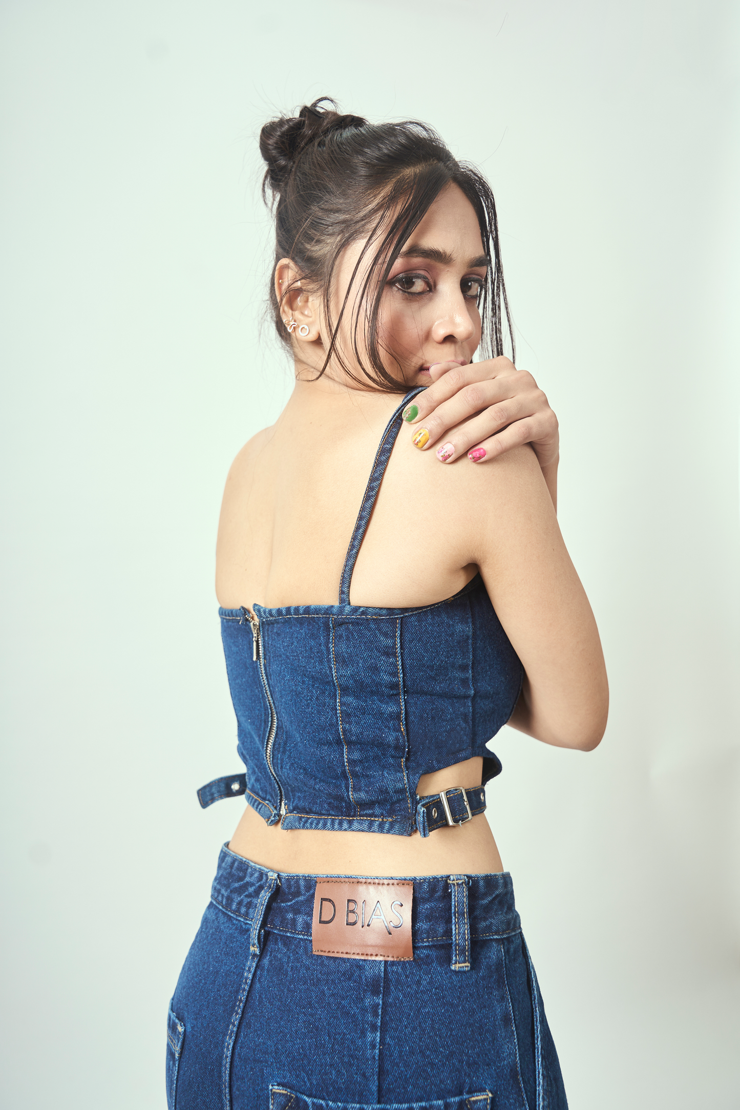 dbias dare denim sweetheart neck with side cutout detail denim bustier top