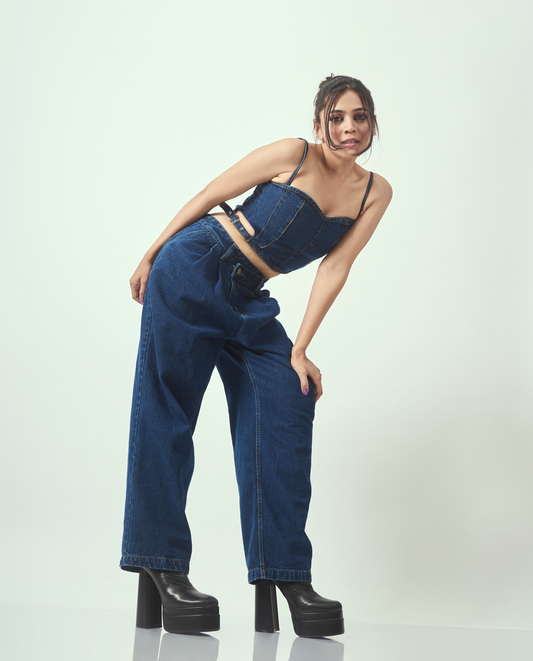 dbias dare denim sweetheart neck with side cutout detail denim  bustier top