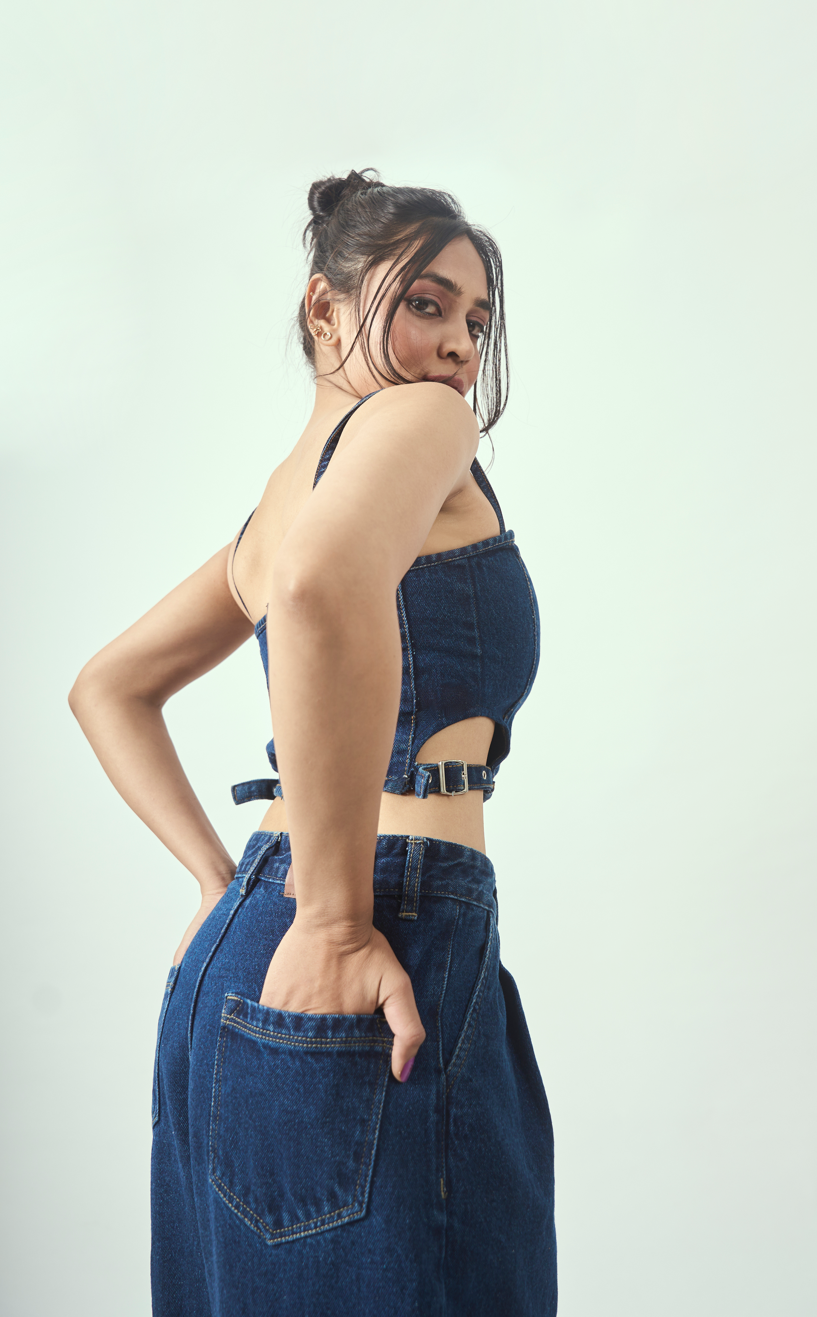 dbias dare denim sweetheart neck with side cutout detail denim  bustier top